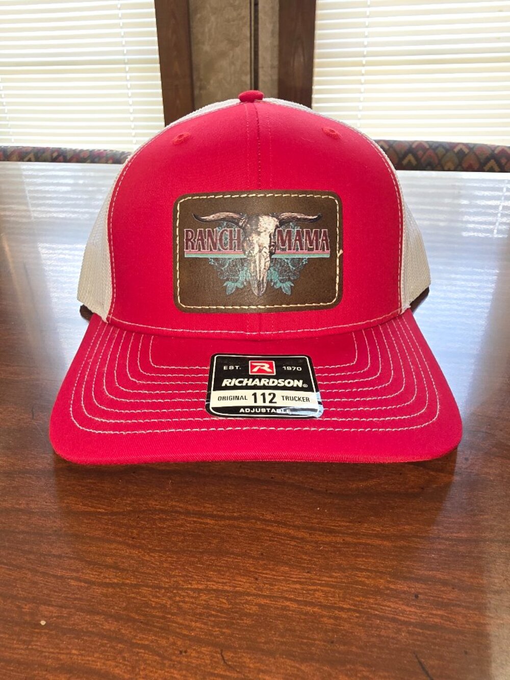 Richardson Red/White Adjustable Mesh Back Trucker Hat "Ranch Mama" Patch